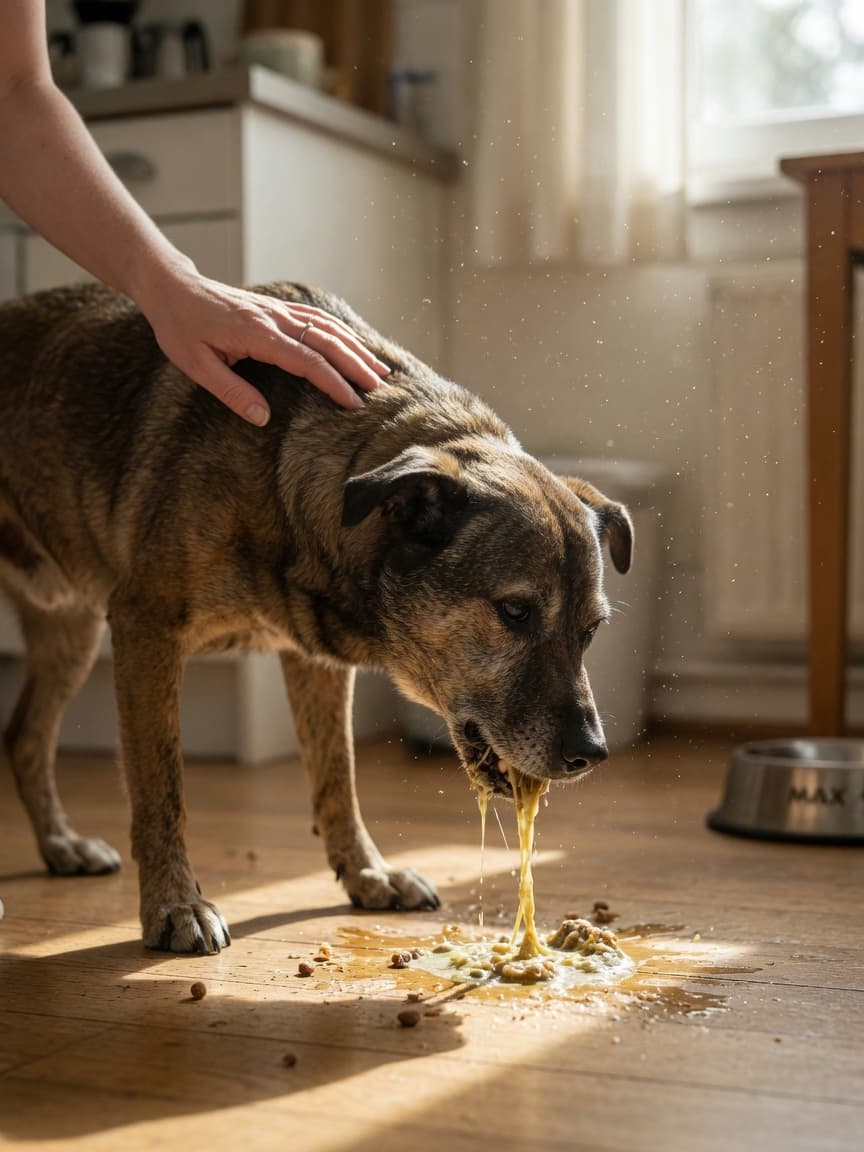 A concerned dog owner comforting their sick dog as it vomits on a kitchen floor in morning light