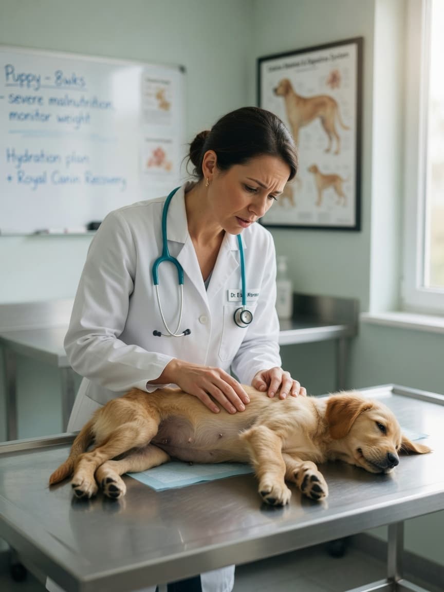 Veterinarian examining an underweight puppy on a clinic exam table
