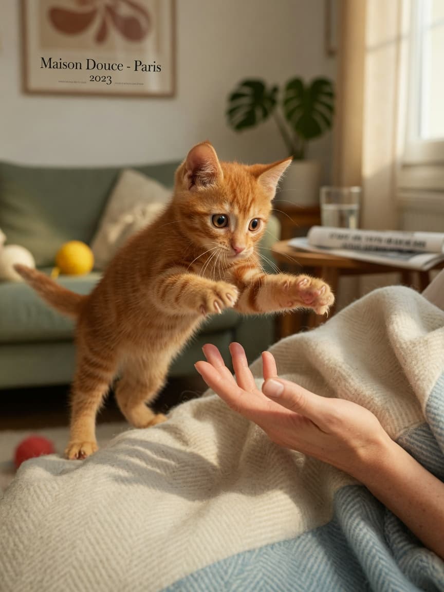 Playful tabby kitten pouncing on a person's hand, demonstrating natural hunting behaviour