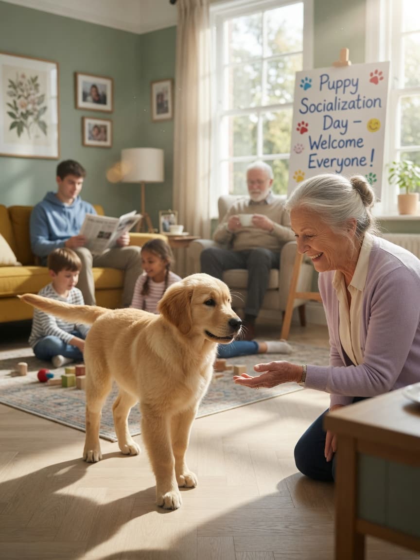 A confident Golden Retriever puppy with a soft golden coat meeting and greeting an elderly woman with a warm smile in a bright, welcoming living room with multiple people visible in the background
