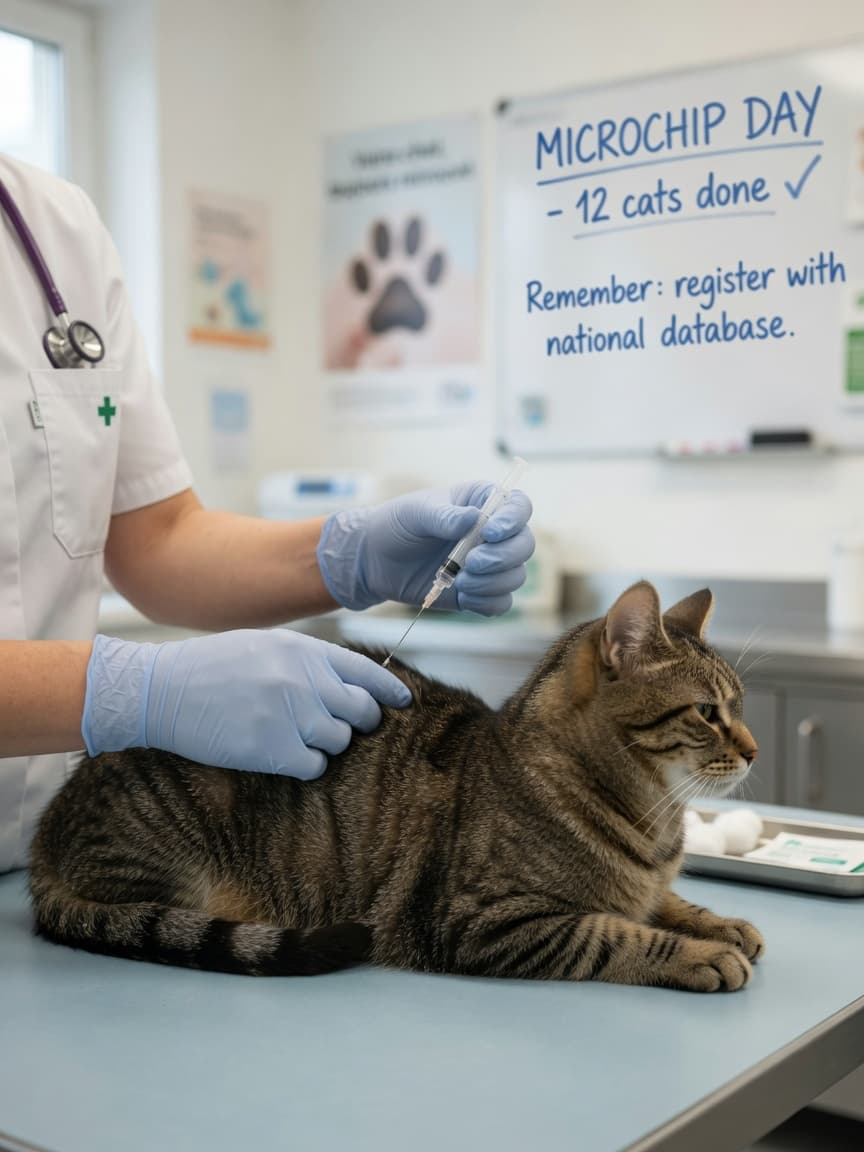 Veterinarian injecting a microchip beneath a tabby cat's shoulder blade during a microchipping procedure