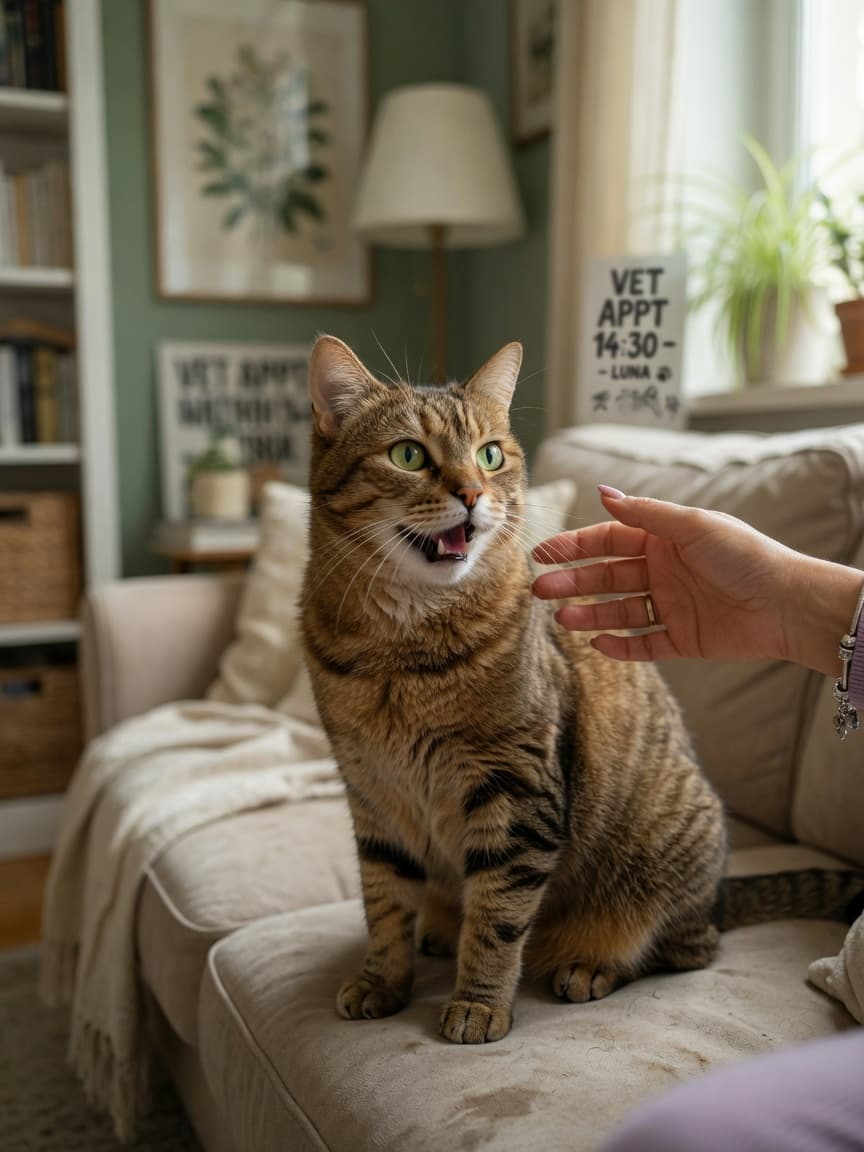 Alert tabby cat mid-meow with owner's hand reaching toward it in a caring gesture on a living room sofa