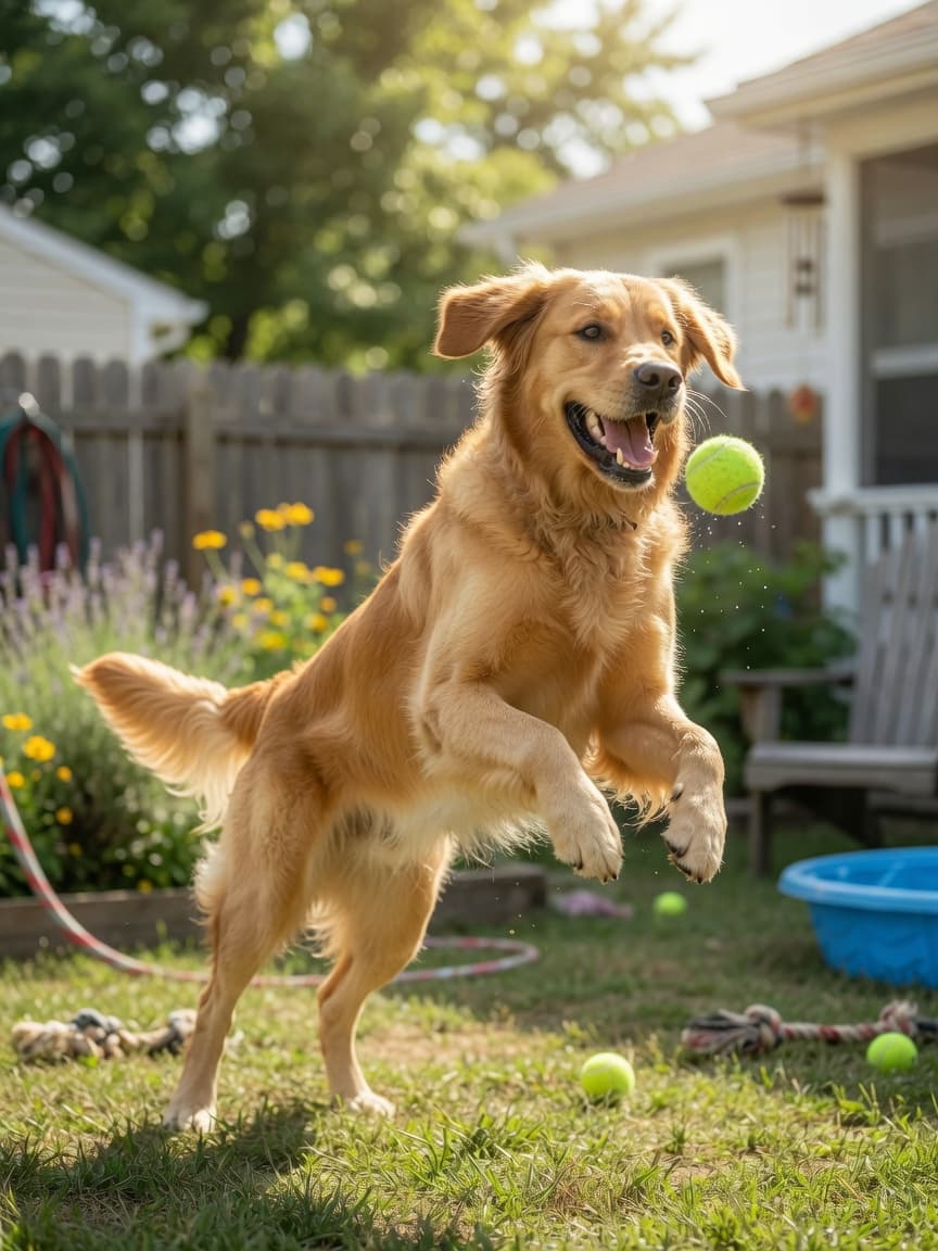 Golden Retriever catching a tennis ball mid-air during an energetic fetch game in a sunny backyard, demonstrating purposeful activity and engagement