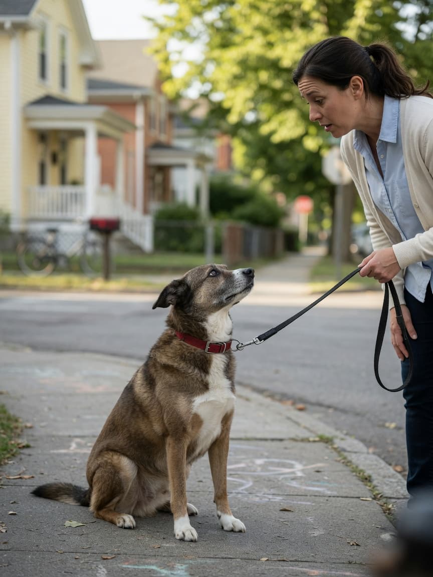 Dog refusing to walk on sidewalk with concerned owner holding leash