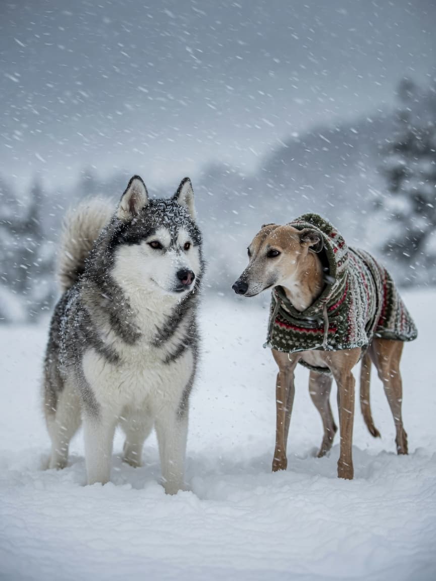 Siberian Husky comfortable in snow next to cold Greyhound wearing winter jacket, showing breed differences in cold tolerance