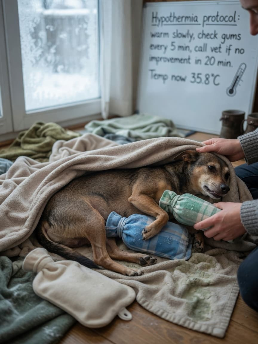 Small dog being wrapped in dry blankets with warm water bottles applied to groin and armpits during hypothermia emergency treatment indoors