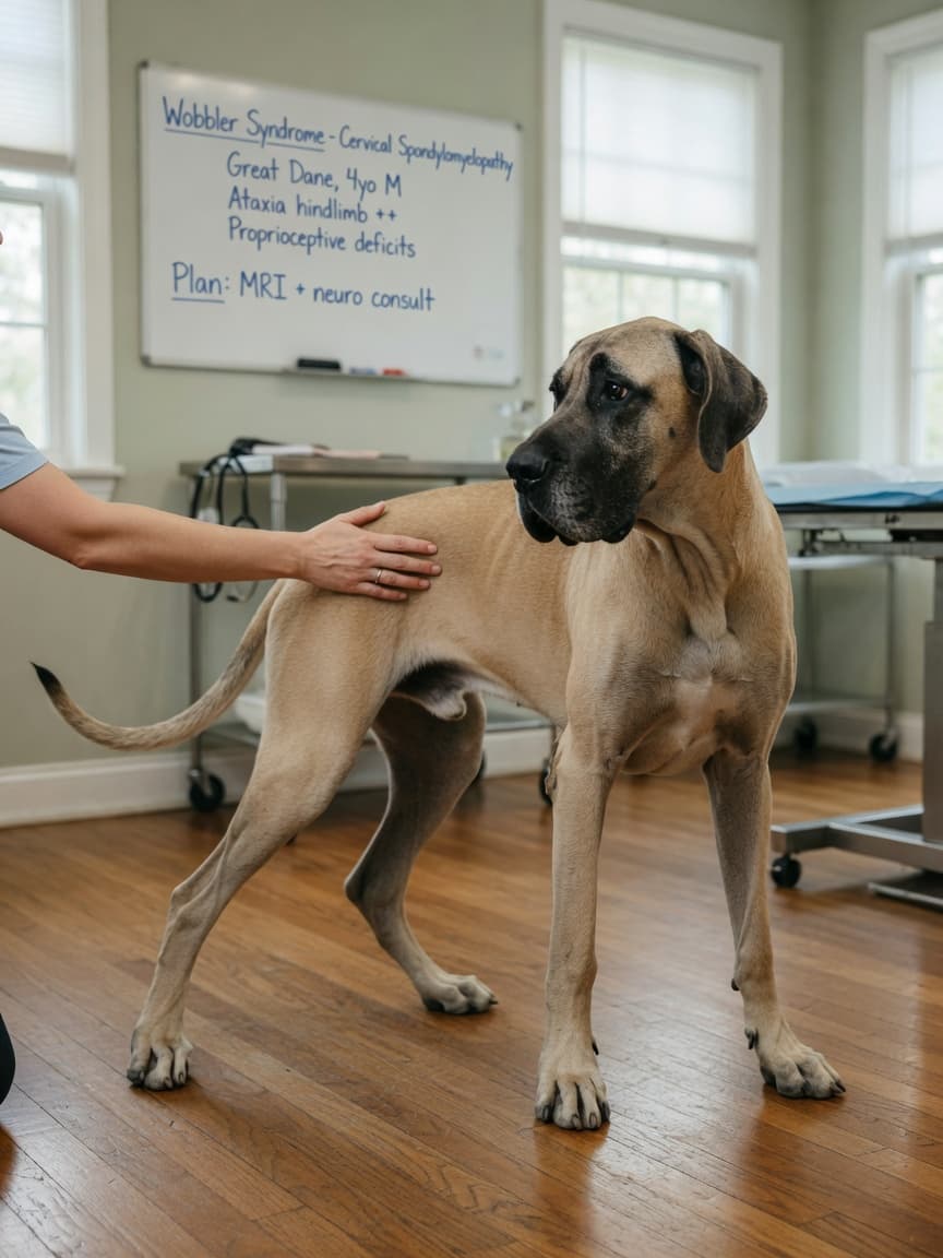 Great Dane with fawn coat displaying wobbly, unsteady hindlimb gait characteristic of wobbler syndrome