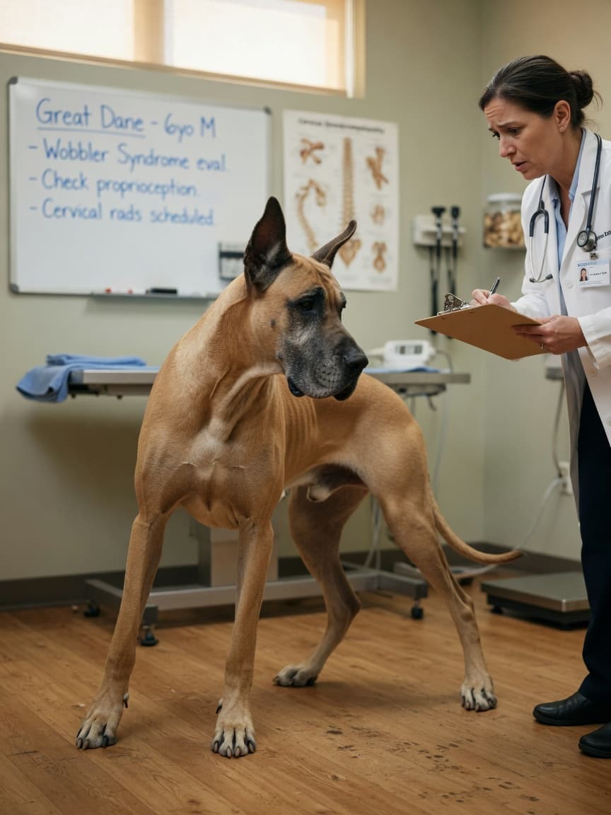 Great Dane with wobbly hindlimb gait being observed by veterinarian during neurological examination