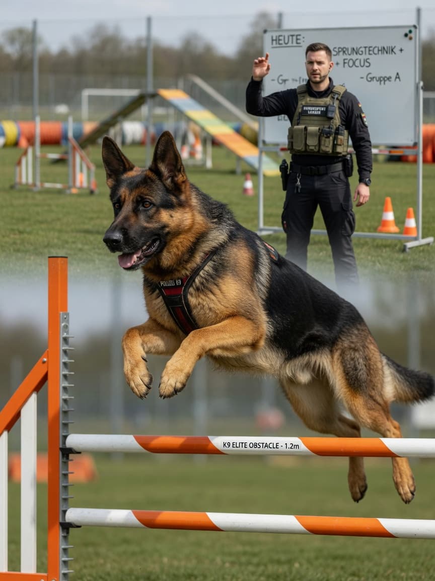 German Shepherd with pointed ears and tan-black coat jumping over a high obstacle during intensive training