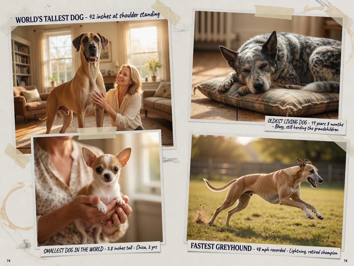 Collage of pet world records: Great Dane, Chihuahua, elderly cattle dog, and racing Greyhound