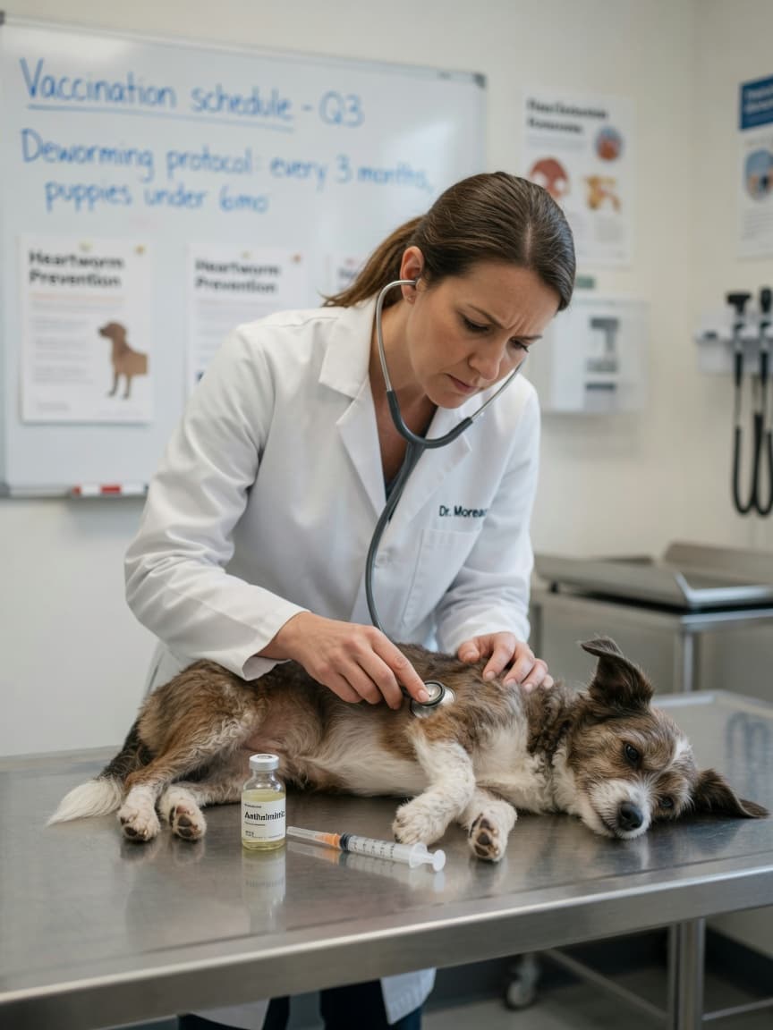 Veterinarian examining a dog during consultation about anthelmintic resistance and worm treatment