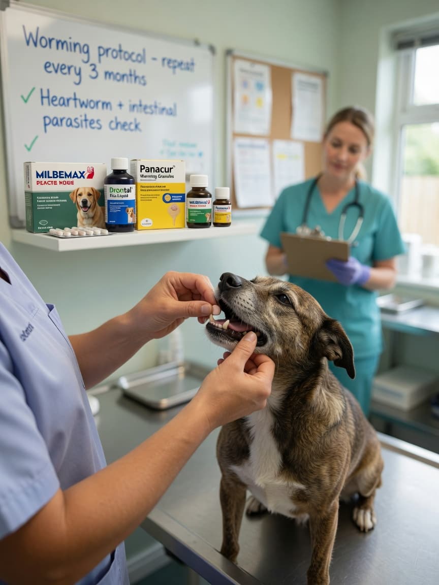 Veterinarian administering a worming tablet to an adult dog on examination table in a bright clinical setting