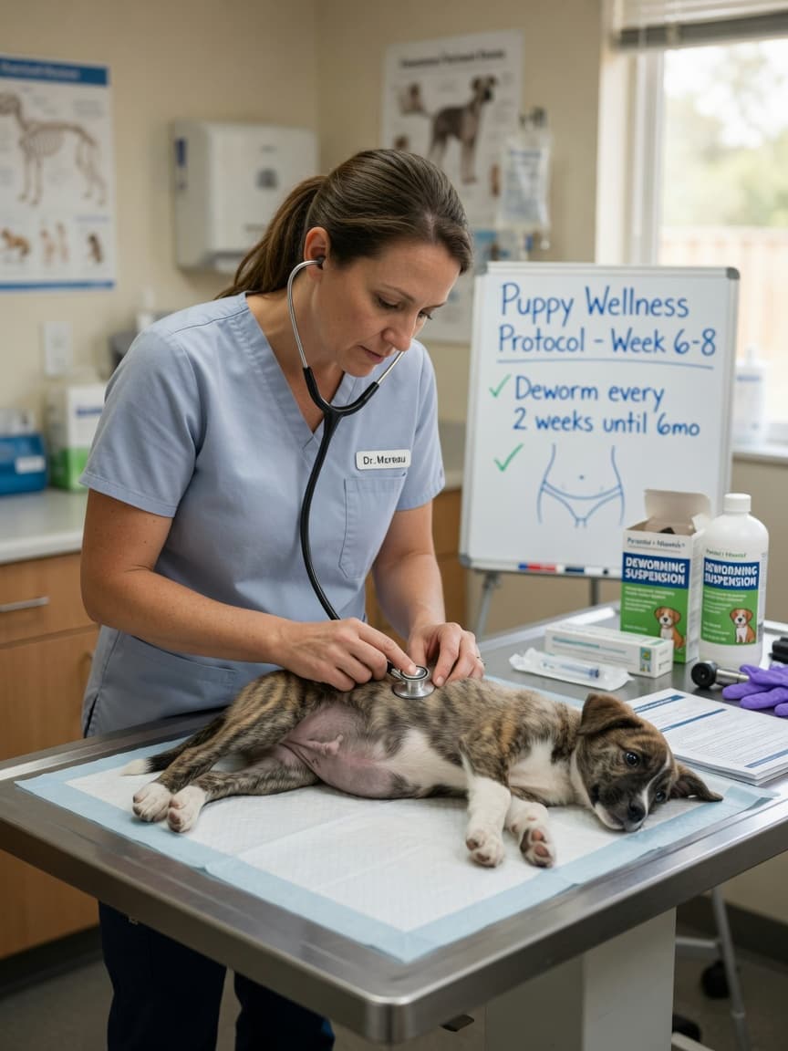 Veterinarian examining a pot-bellied puppy on an examination table in a clinical setting