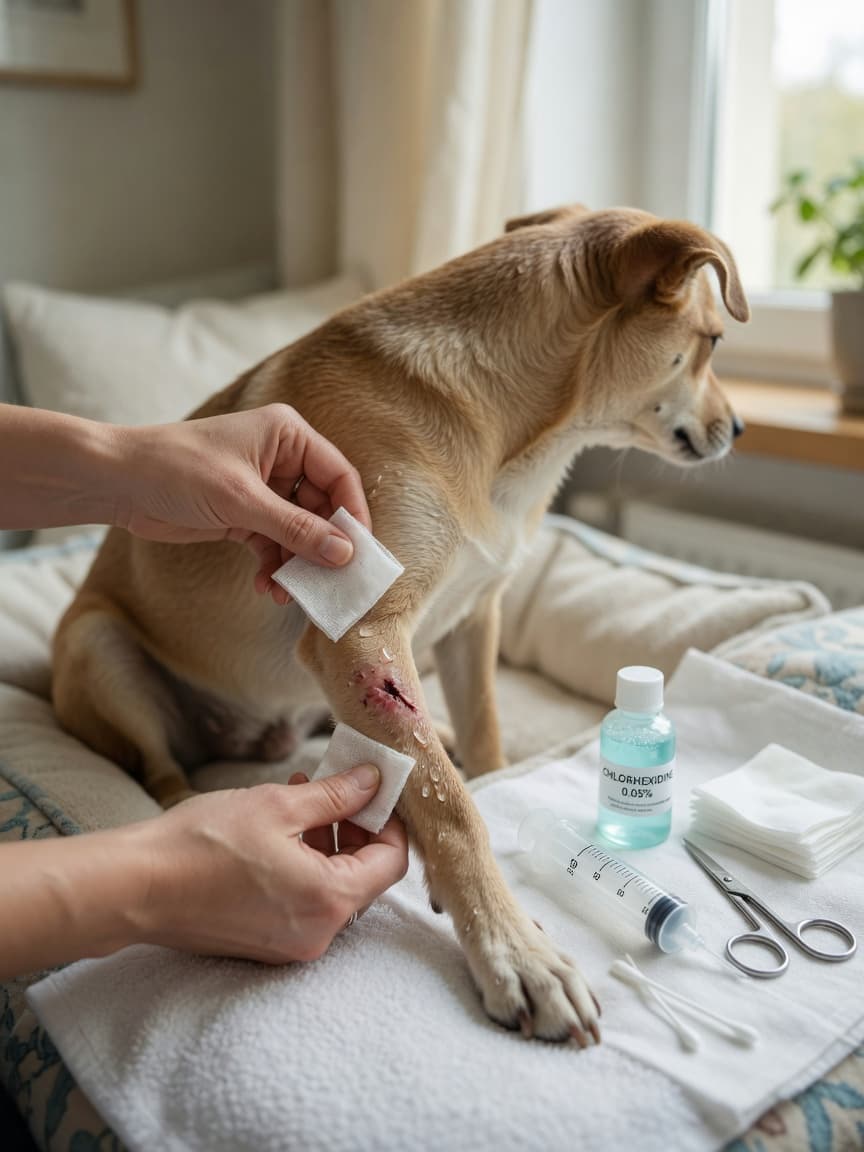 Pet owner cleaning a dog's leg wound with sterile saline and gauze, with wound care supplies arranged nearby on a white cloth in natural window light