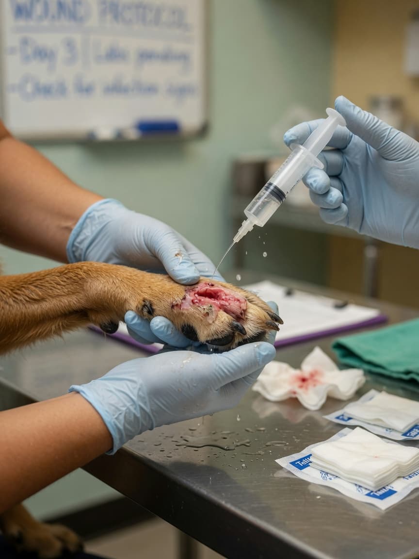 Veterinarian's hands carefully irrigating a dog's paw wound with saline solution during professional wound assessment and cleaning