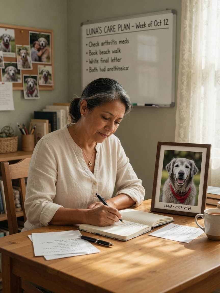 Woman writing a veterinary care directive at home with her pet's photo nearby