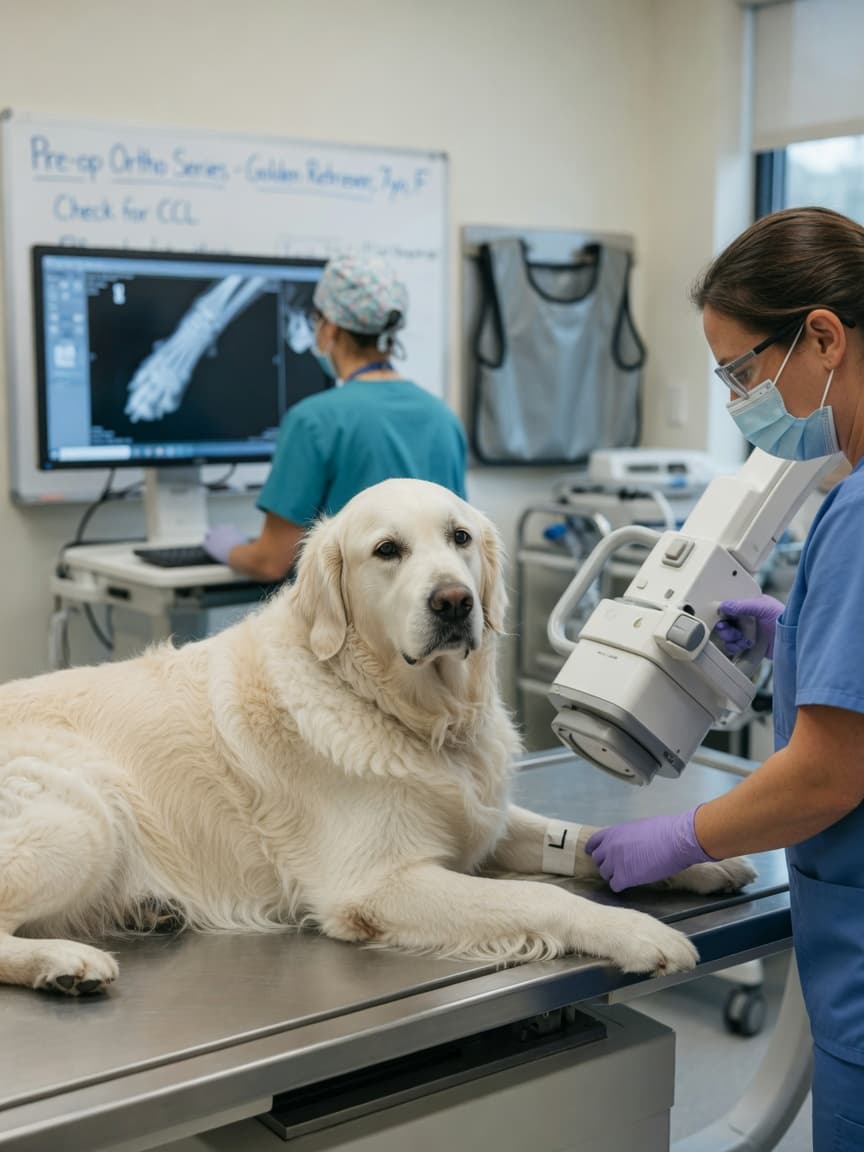 Golden retriever positioned on veterinary x-ray examination table with vet operating imaging equipment