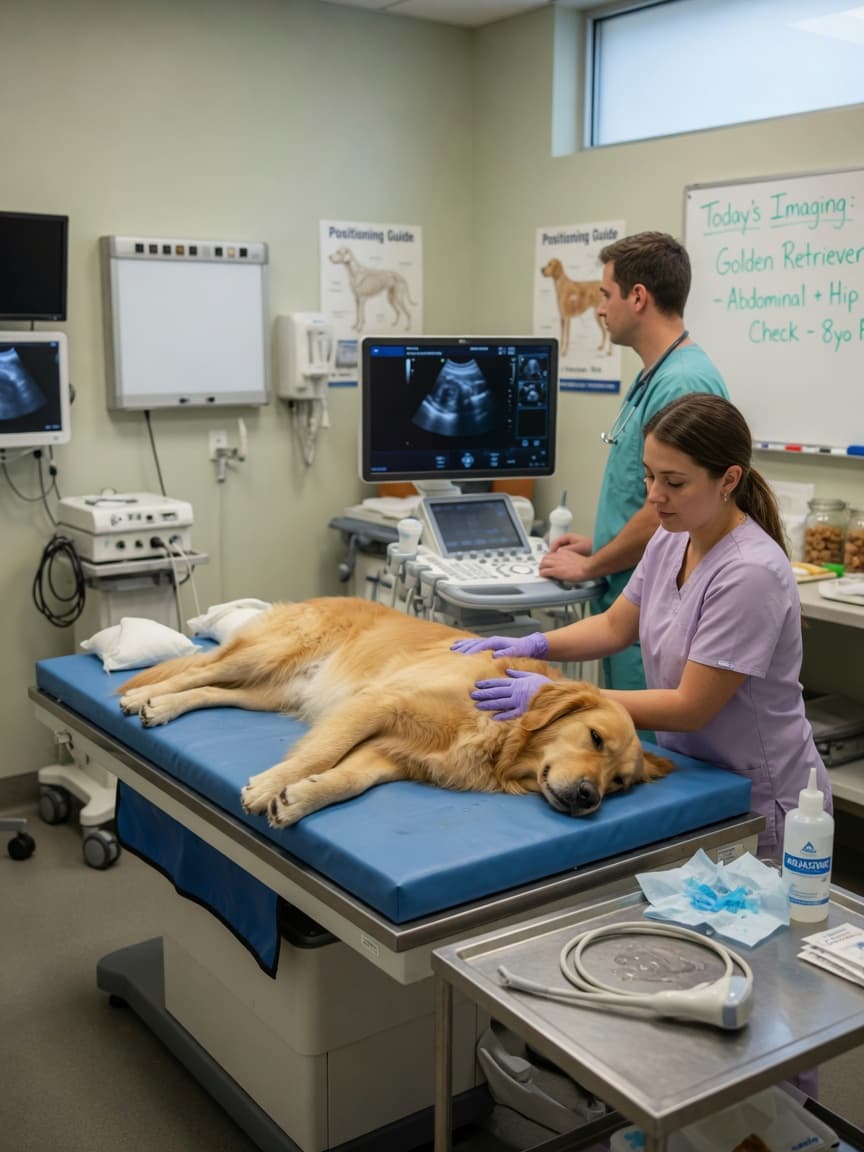 Veterinary technician positioning a golden retriever on an X-ray table with veterinarian monitoring ultrasound equipment nearby in a modern clinic