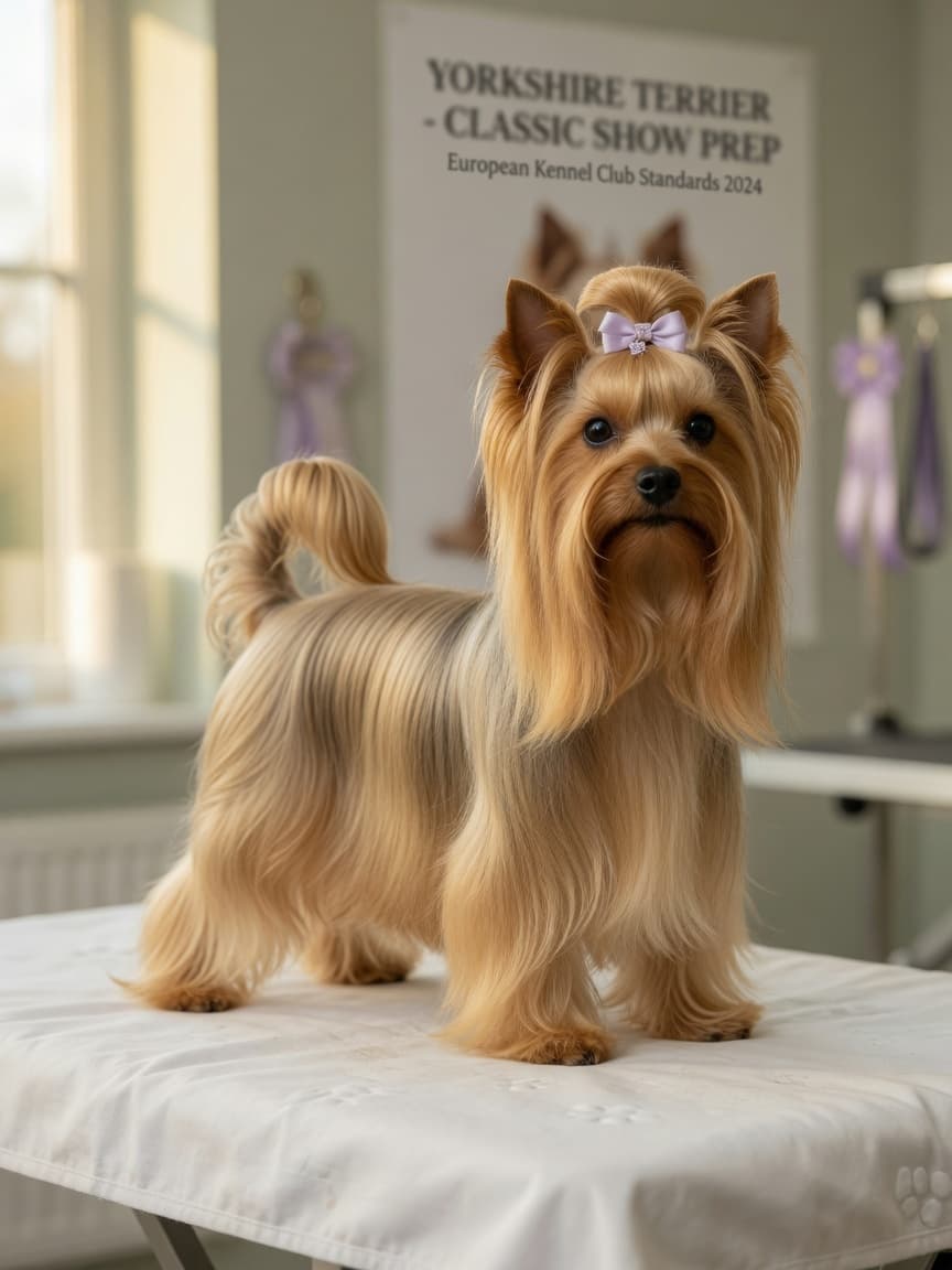 A pristine Yorkshire Terrier with long golden coat and perky ears standing on a grooming table