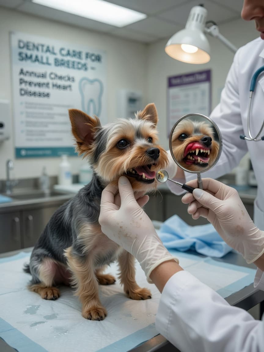 Veterinarian examining a Yorkshire Terrier's teeth during a dental checkup, showing dental disease assessment
