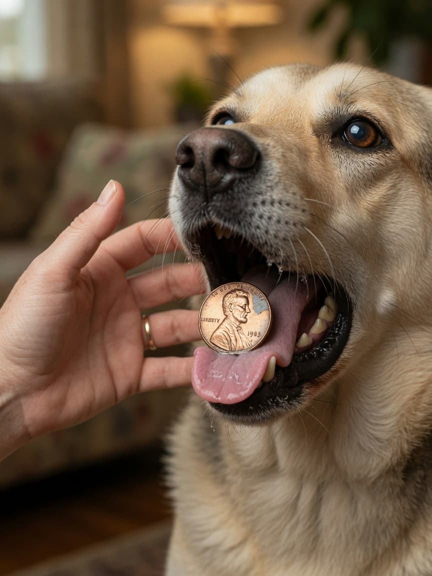 Close-up of a dog about to swallow a penny, with an owner's hand reaching in alarm