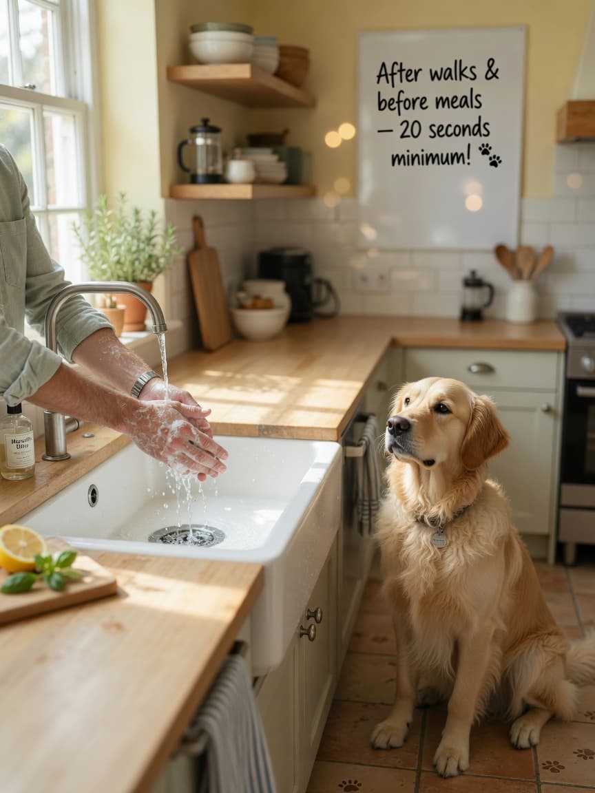 Pet owner washing hands at sink with attentive golden retriever nearby in kitchen