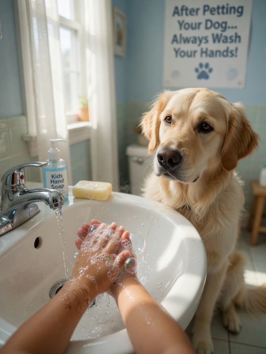 Child washing hands with soap under running water after petting a golden retriever, demonstrating hygiene practices to prevent zoonotic disease transmission